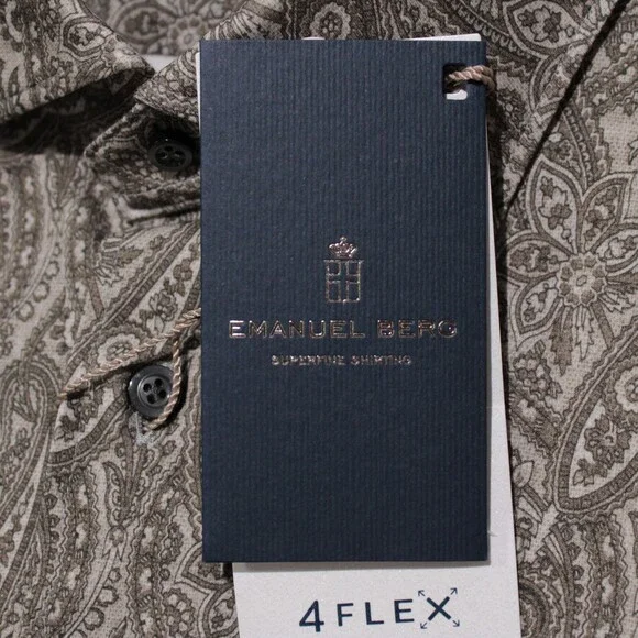 Emanuel Berg NWT Byron Casual Button Down Shirt Sz 42 16.5 L Taupe Brown Paisley